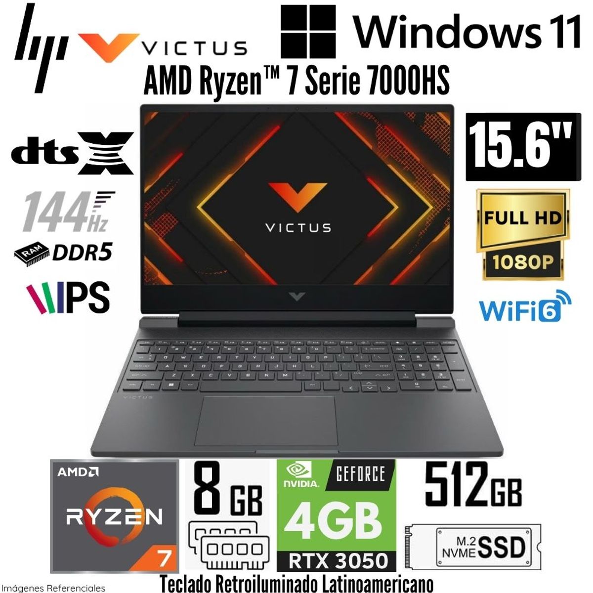 HP - Laptop HP Victus 15-FB3018LA AMD Ryzen 7 7445H 8GB RAM 512GB SSD RTX 3050-4GB 15.6"  FHD - 144Hz