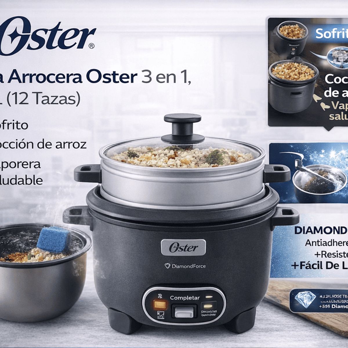 OSTER - Olla Arrocera Oster 3 en 1 2.2L (12 Tazas) con Sofrito y Vaporera Antiadherente DiamondForce CKSTRC12DFSKE