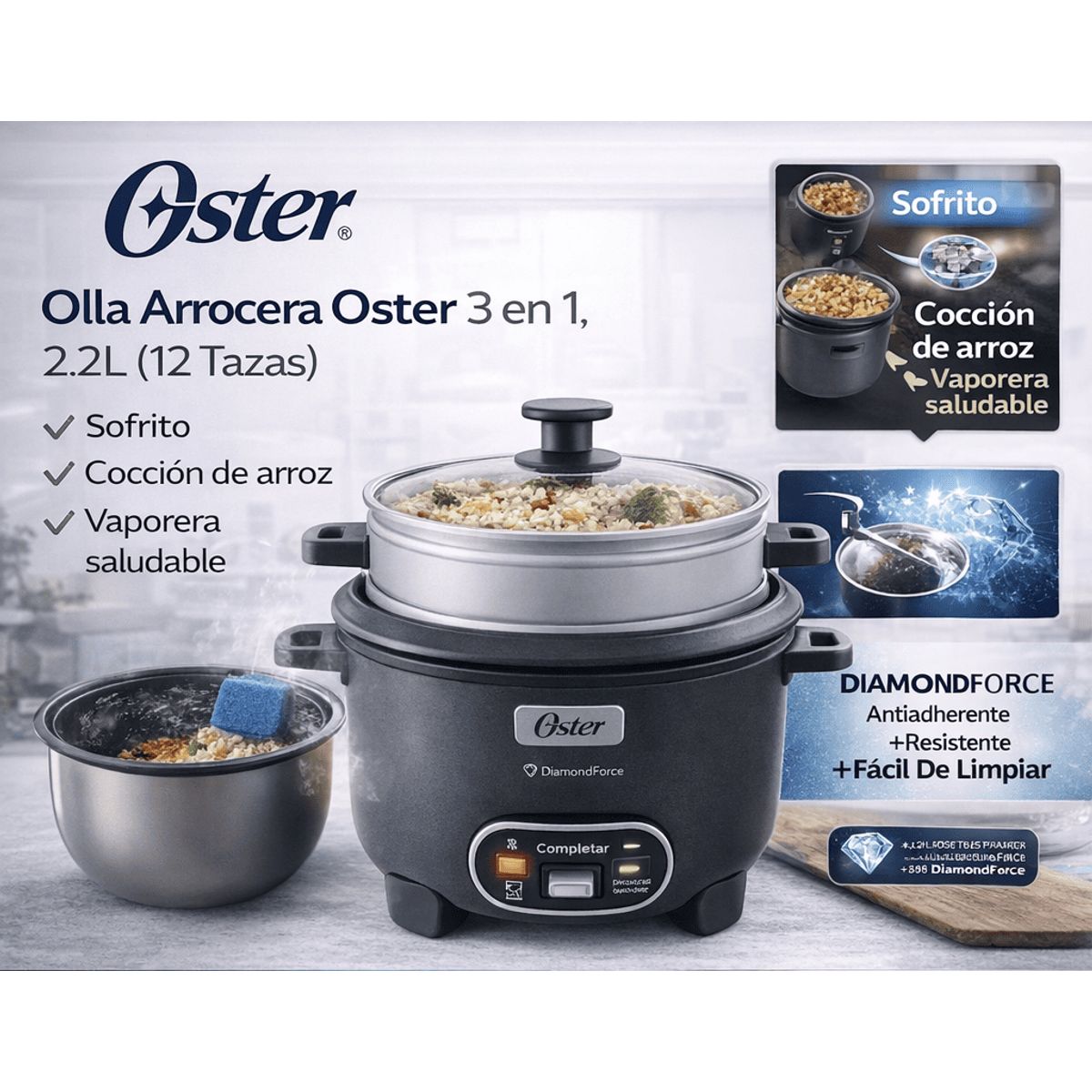 OSTER - Olla Arrocera Oster 3 en 1 2.2L (12 Tazas) con Sofrito y Vaporera Antiadherente DiamondForce CKSTRC12DFSKE
