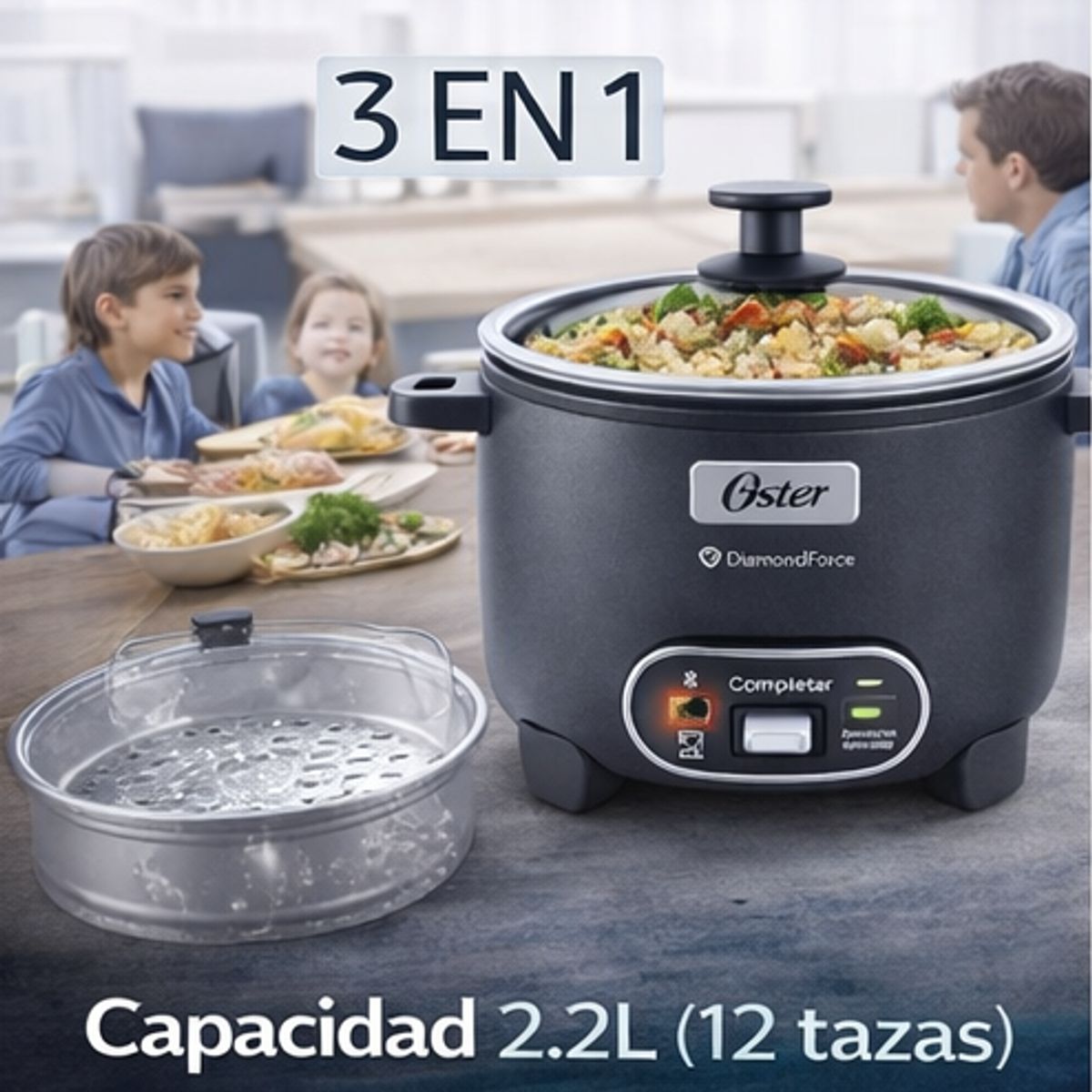 OSTER - Olla Arrocera Oster 3 en 1 2.2L (12 Tazas) con Sofrito y Vaporera Antiadherente DiamondForce CKSTRC12DFSKE