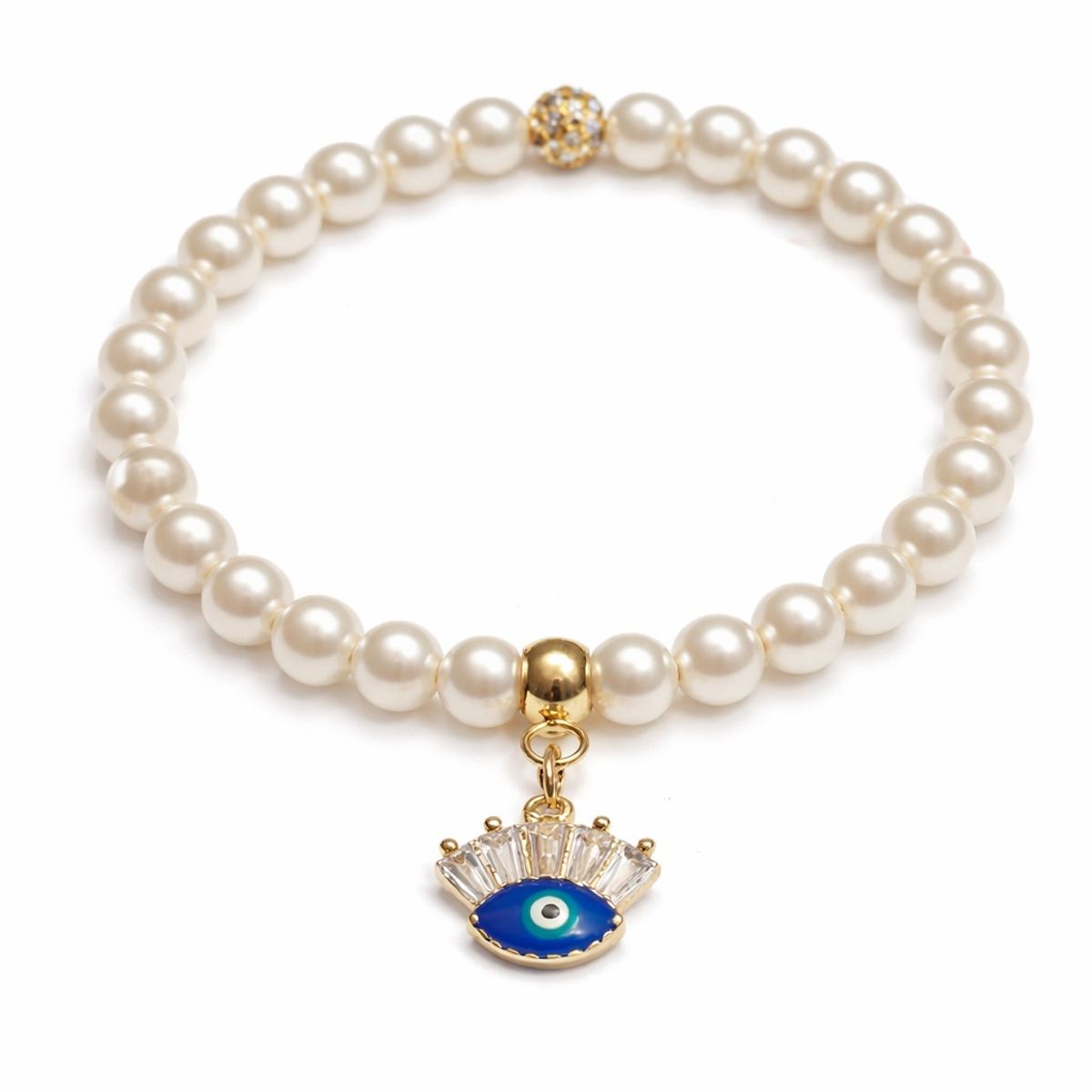 FERNANDA ROMERO JOYAS Y ACCESORIOS - Pulsera Elástica Protección Ojo Turco Azul - Inteligencia - Perlas, Acero y Cristales