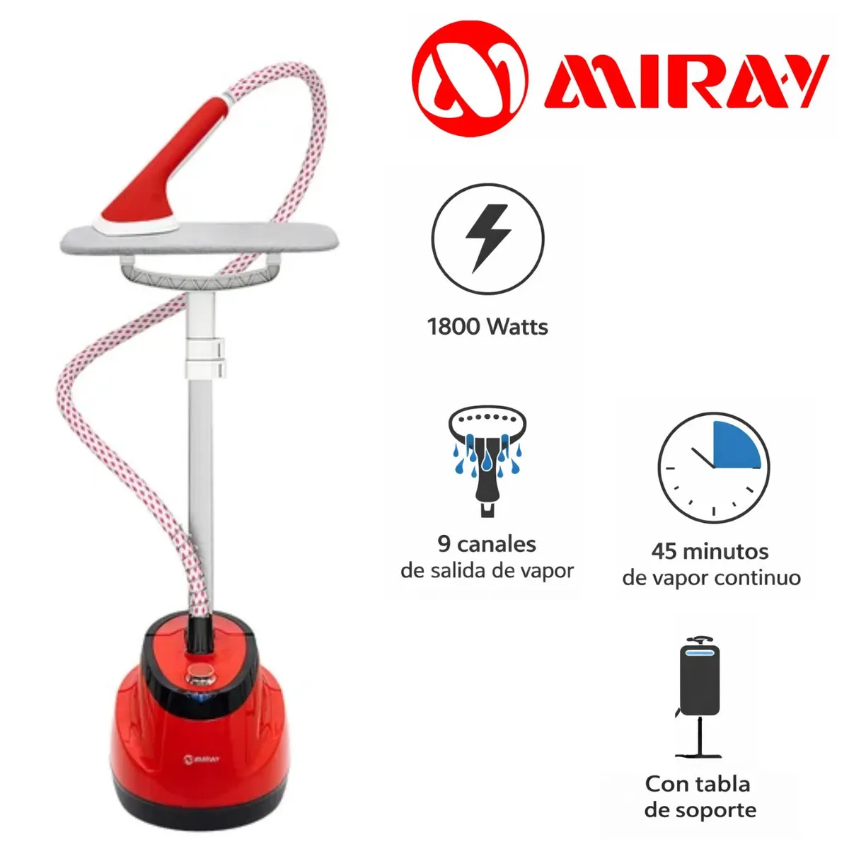 MIRAY - Vaporizador de prendas Miray VPM 10 con tabla de soporte 1800 Watts Rojo