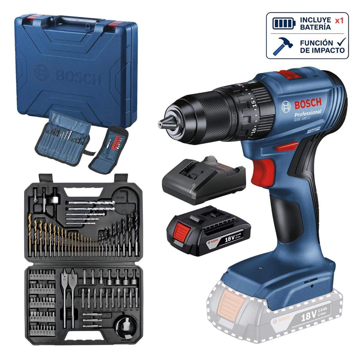 BOSCH - Taladro Percutor GSB 185-LI 1B+AC + Set 103pcs Bosch