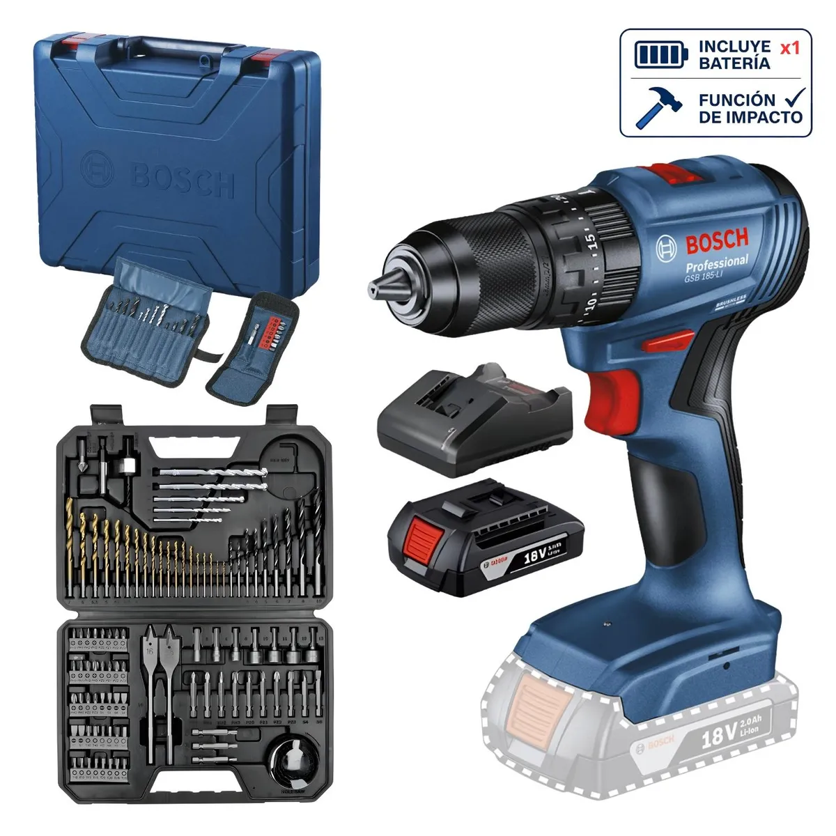 BOSCH - Taladro Percutor GSB 185-LI 1B+AC + Set 103pcs Bosch