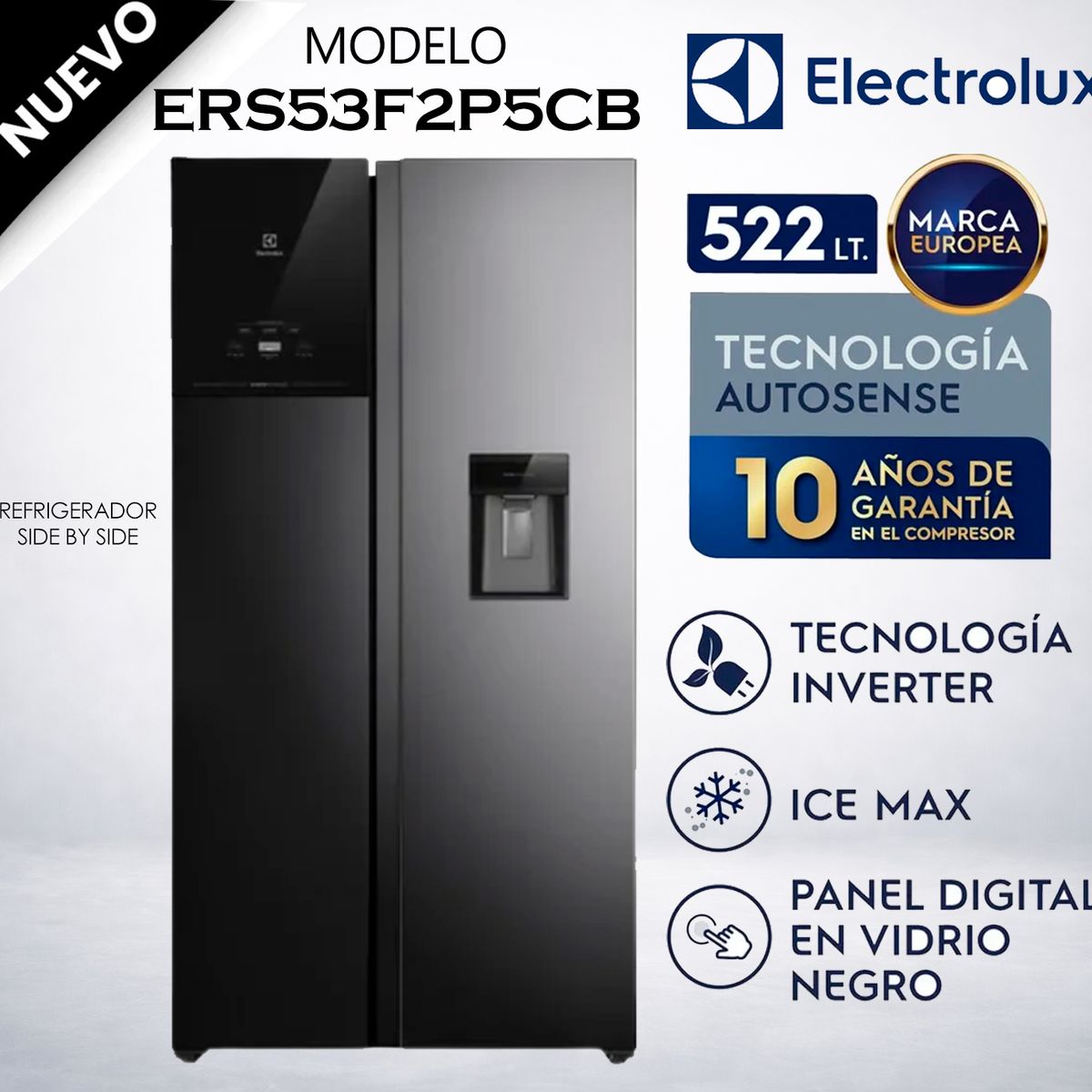 ELECTROLUX - Refrigeradora No Frost Side by Side 522L Inverter AutoSense Negra  ERS53F2P5CB