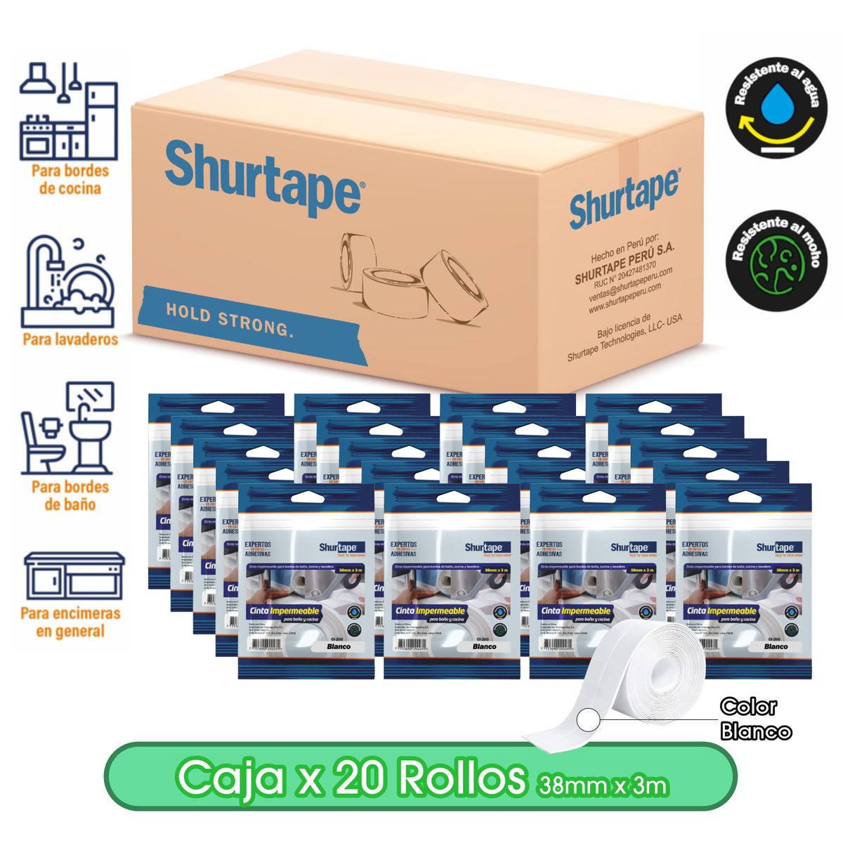 SHURTAPE - Cinta Impermeable Blanco para baño y cocina 38mm x 3m - Caja x 20
