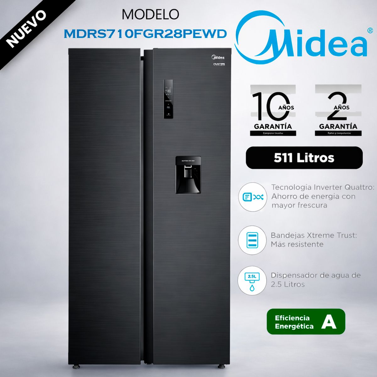 MIDEA - MDRS710FGR28PEWD - Refrigeradora Side By Side CDispensador Inverter 511Lts Inox Negro, Midea