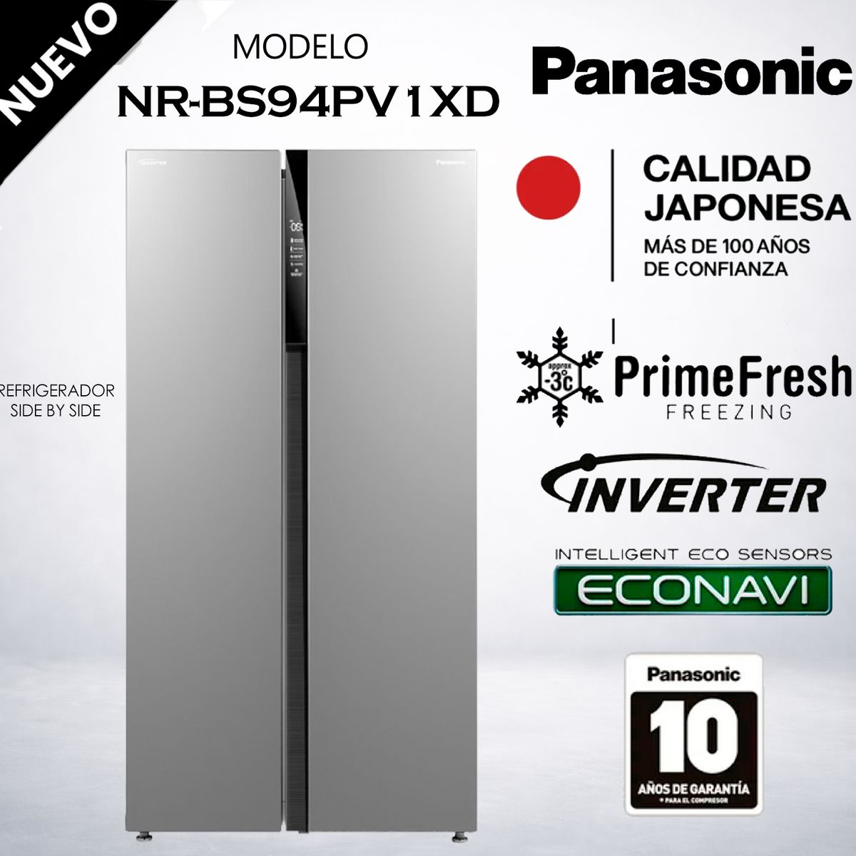 PANASONIC - Refrigeradora side by side de 569 L con tecnología de refrigeración envolvente NR-BS94PV1XD