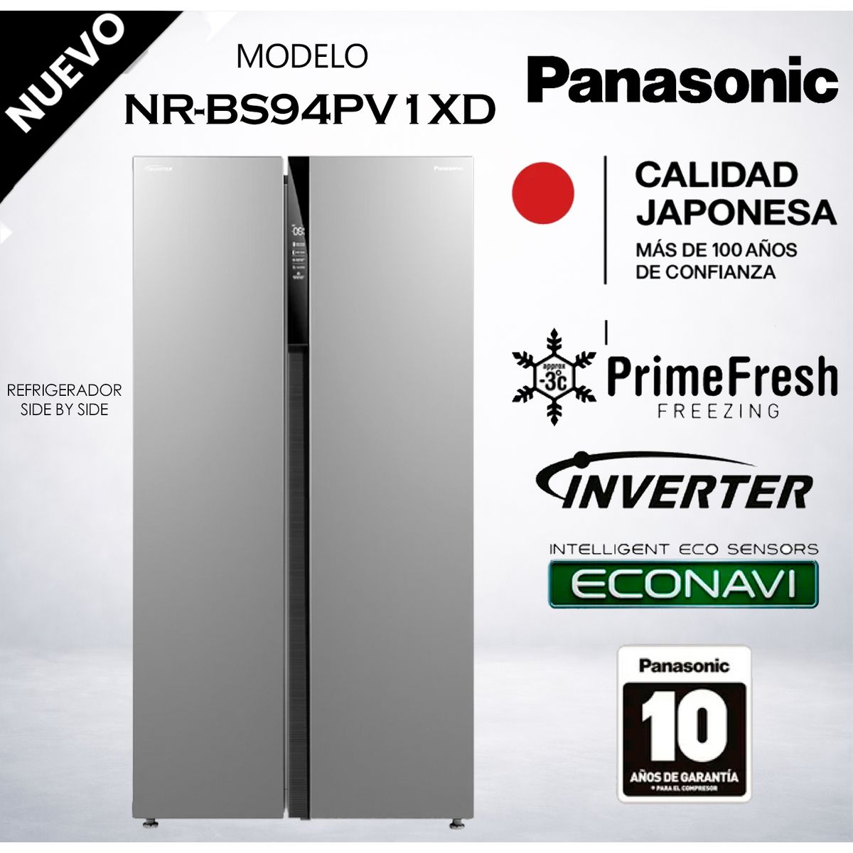 PANASONIC - Refrigeradora side by side de 569 L con tecnología de refrigeración envolvente NR-BS94PV1XD