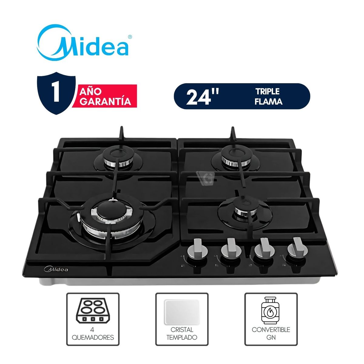 MIDEA - Encimera Empotrable a Gas 24” - Triple Flama Negro MTGB24R3402GG Midea