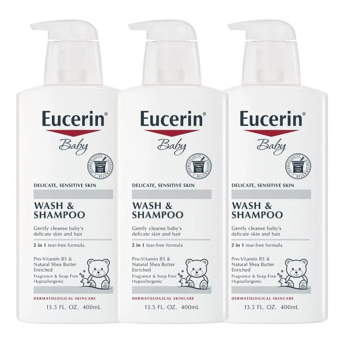 EUCERIN - Champú y gel de baño para bebé sin perfume Eucerin Baby, hipoalergénico, sin lágrimas, con provitamina B5 y manteca de karité, botella de 394 ml (13.5 fl oz).