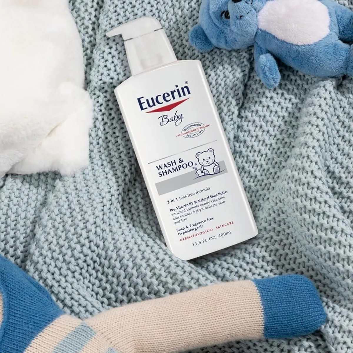 EUCERIN - Champú y gel de baño para bebé sin perfume Eucerin Baby, hipoalergénico, sin lágrimas, con provitamina B5 y manteca de karité, botella de 394 ml (13.5 fl oz).