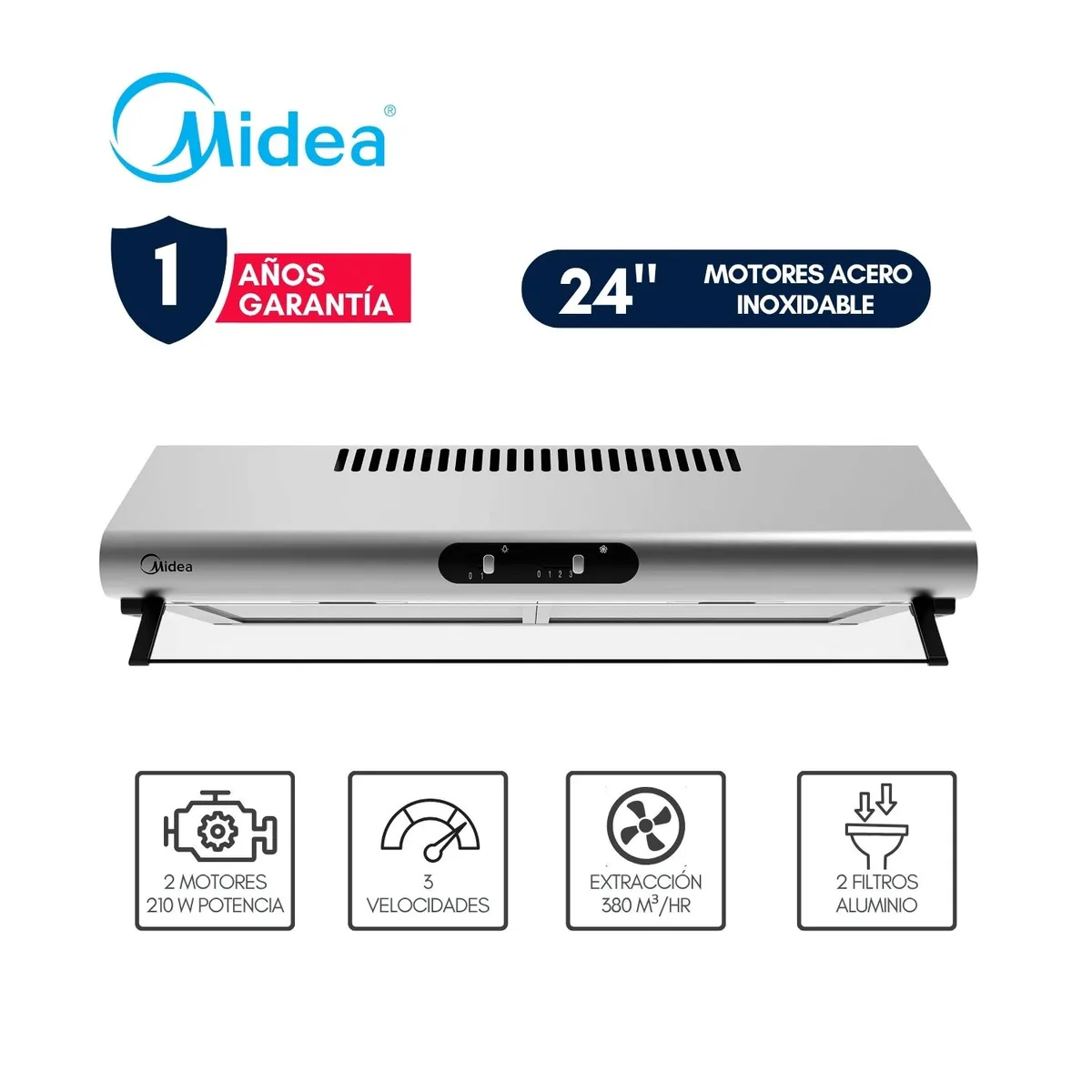 MIDEA - Campana extractora 24" 2 motores Acero Inoxidable MH60F49EM21SB-PE Midea