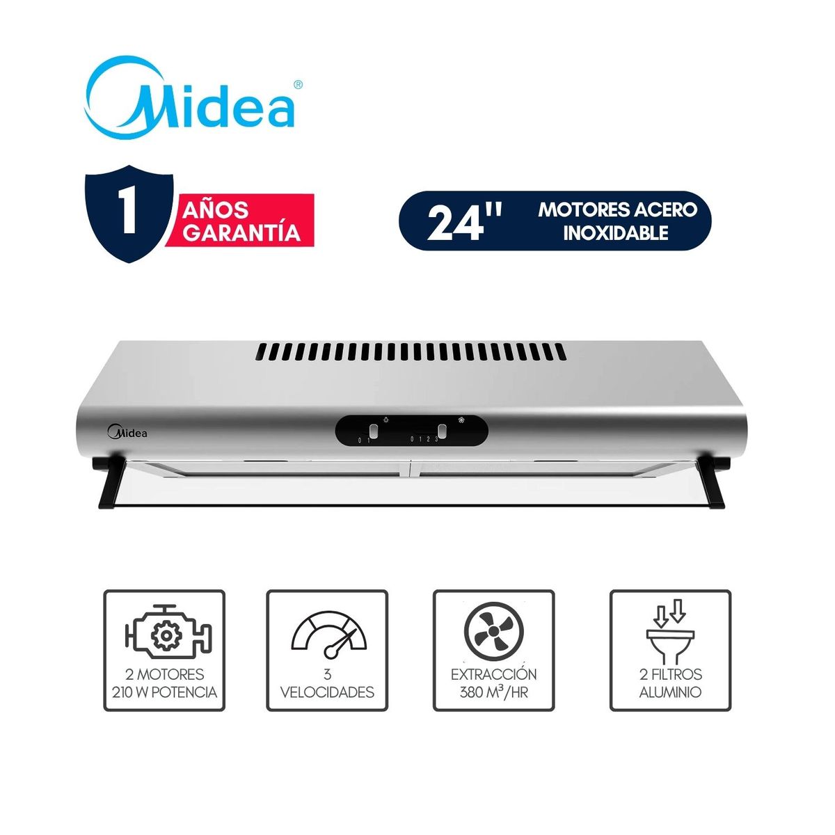 MIDEA - Campana extractora 24" 2 motores Acero Inoxidable MH60F49EM21SB-PE Midea