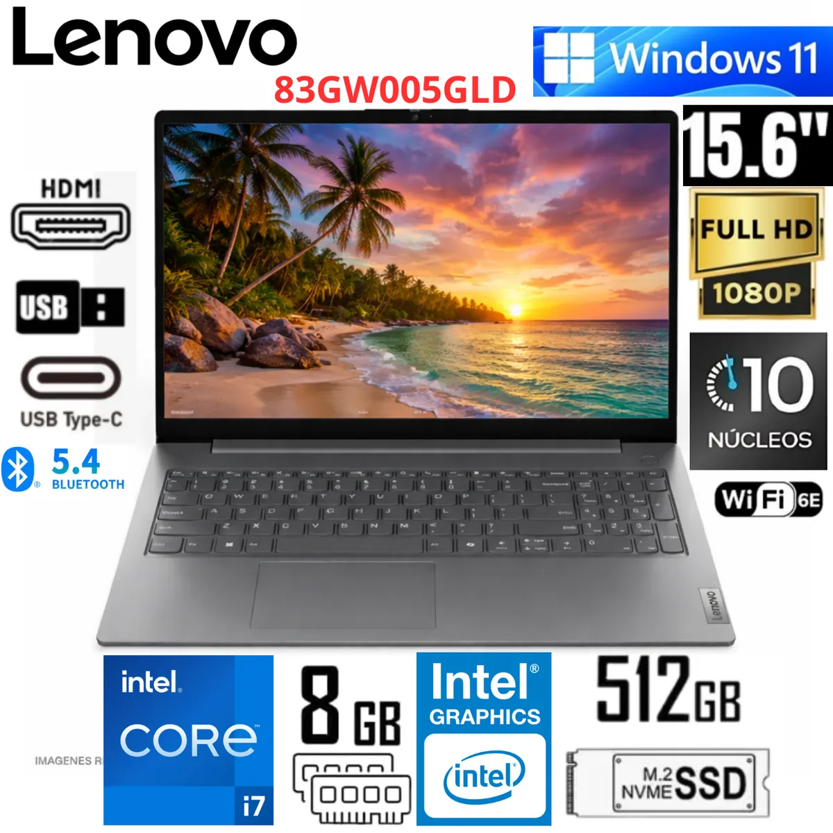 LENOVO - Laptop Notebook Lenovo V15 G5 IRL 15.6 FHD Luna Grey Core i7-13620H 8GB RAM 512GB 83GW005GLD