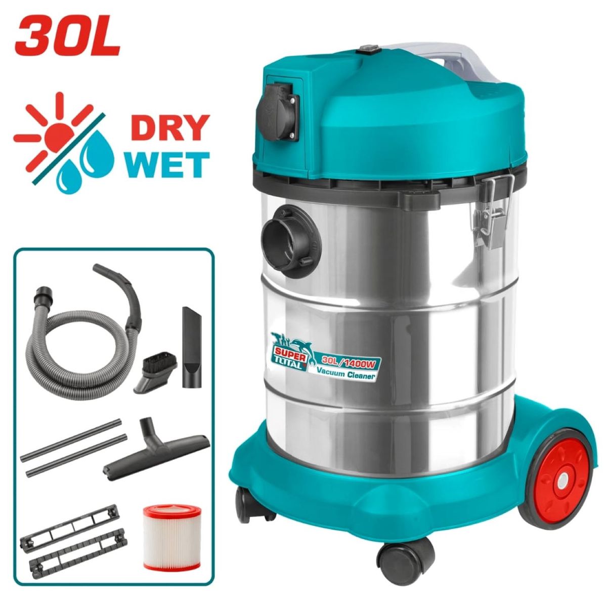 TOTAL TOOLS - ASPIRADORA INDUSTRIAL 30L 1400W ACERO INOXIDABLE SECO Y HÚMEDO-TVC14301