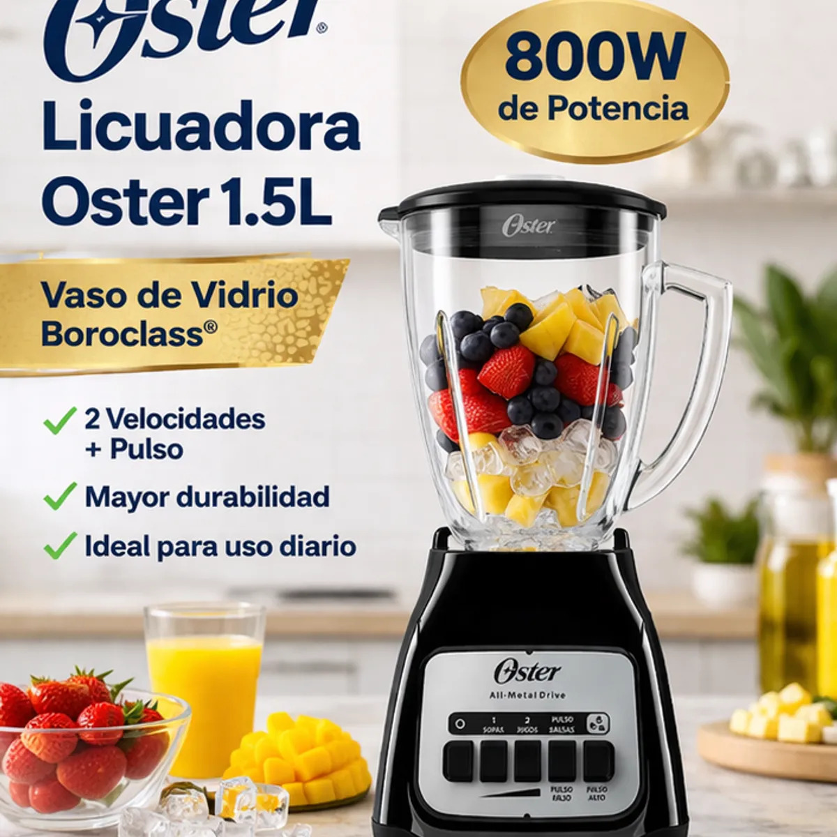 OSTER - Licuadora Oster 1.5L BLSTKAG-BPB Vaso de Vidrio Boroclass 2 Velocidades + Pulso 800W Negra