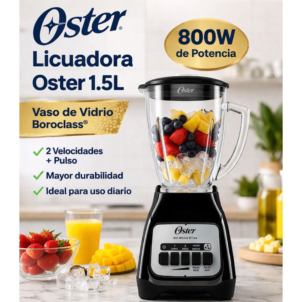 OSTER - Licuadora Oster 1.5L BLSTKAG-BPB Vaso de Vidrio Boroclass 2 Velocidades + Pulso 800W Negra