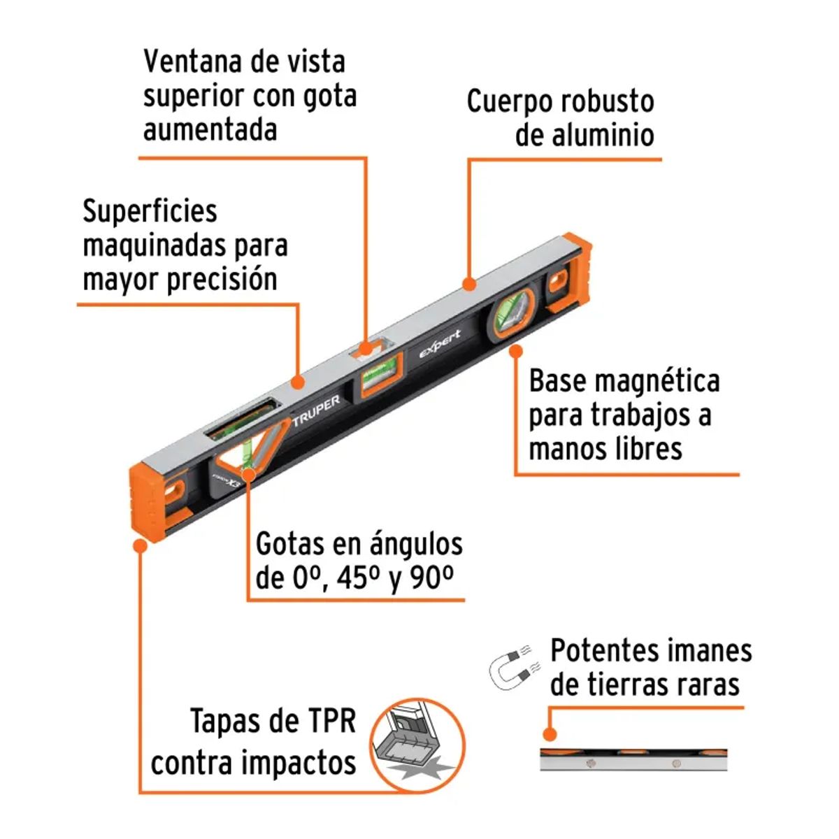 TRUPER - Nivel profesional magnético de 18, protección TPR, Truper - 14625