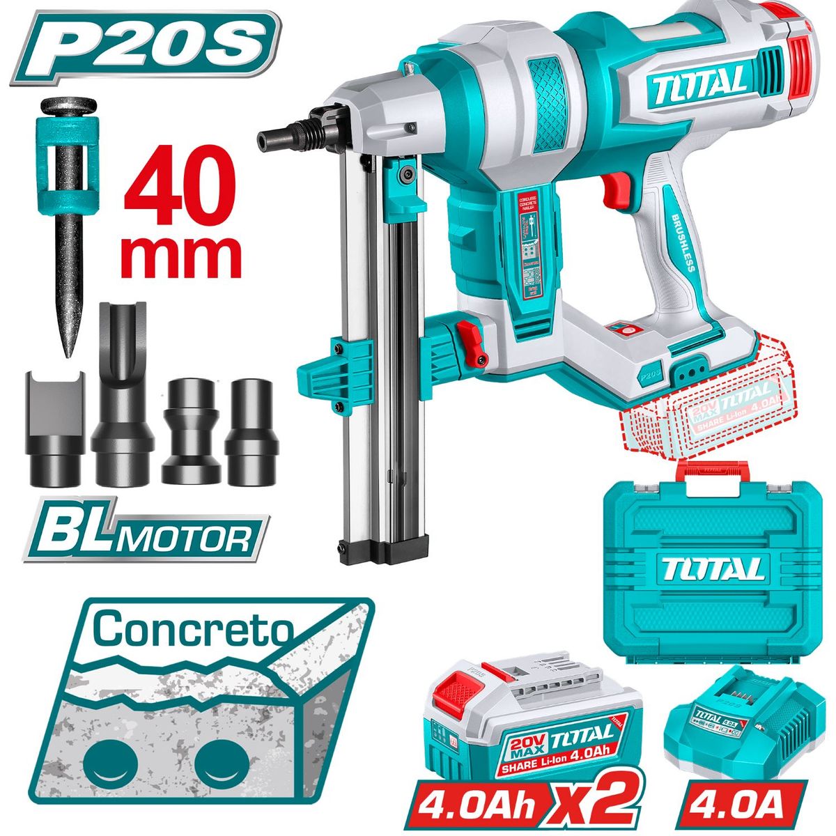 TOTAL TOOLS - CLAVADORA PARA CONCRETO 20V BL CON 2 BATERÍAS Y MALETA TOTAL-TCNLI9008