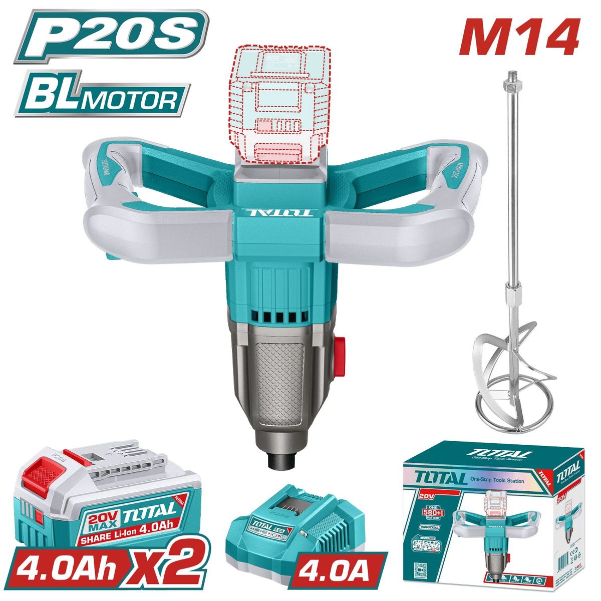 TOTAL TOOLS - MEZCLADORA 20V 2 VELOCIDADES CON 2 BATERÍAS 4AH Y CARGADOR-TMXLI20162
