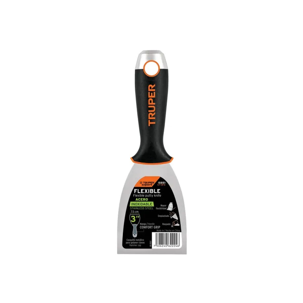 TRUPER - Espátula flexible 3 acero inoxidable, Comfort Grip, TRUPER - 15851