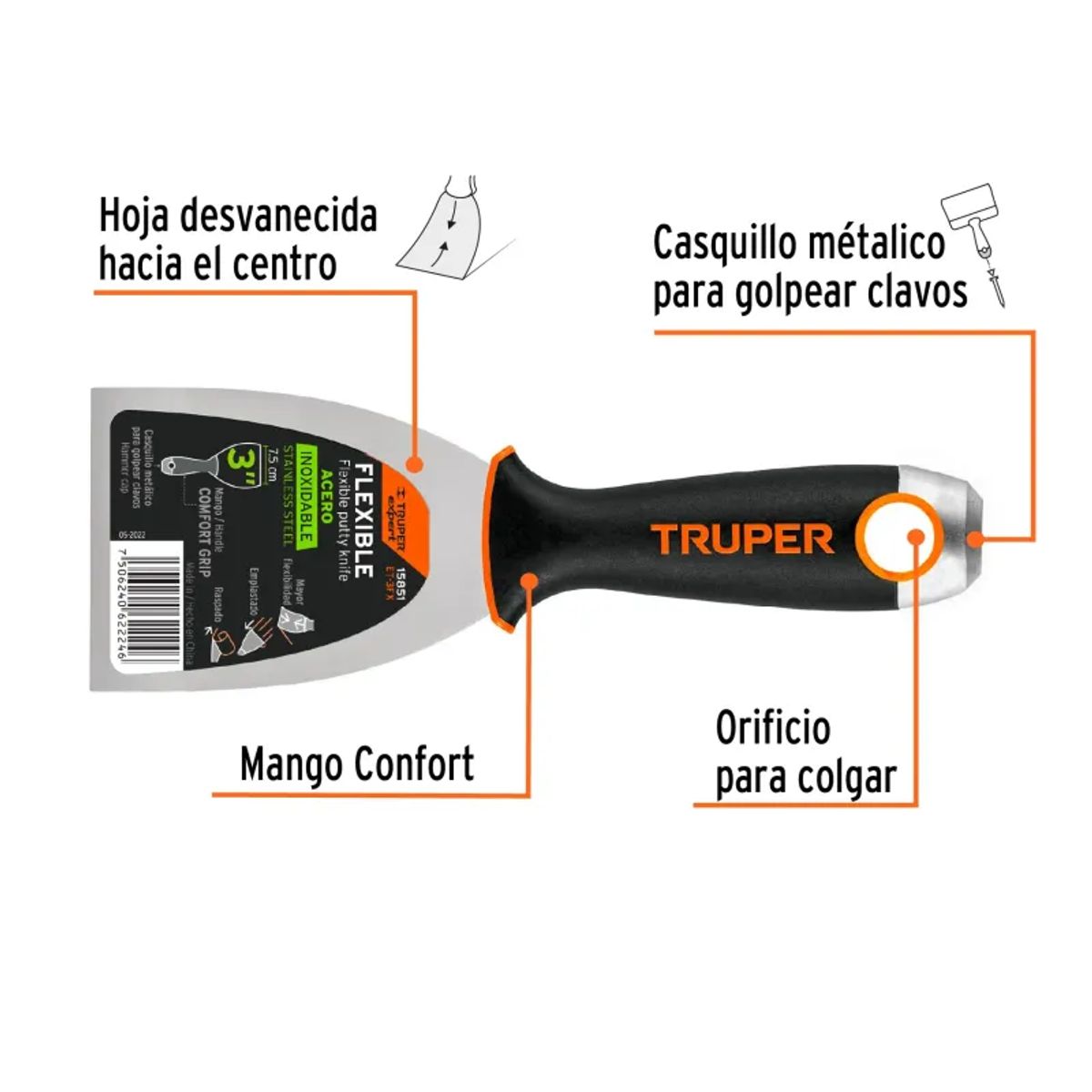 TRUPER - Espátula flexible 3 acero inoxidable, Comfort Grip, TRUPER - 15851