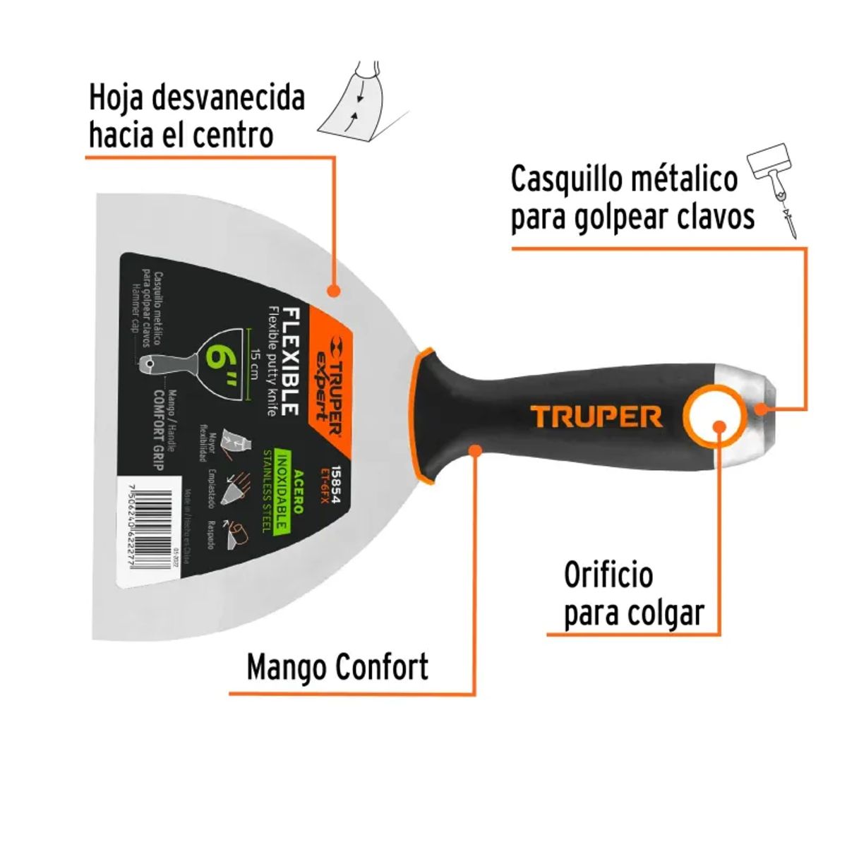 TRUPER - Espátula flexible 6 acero inoxidable, Comfort Grip, TRUPER - 15854