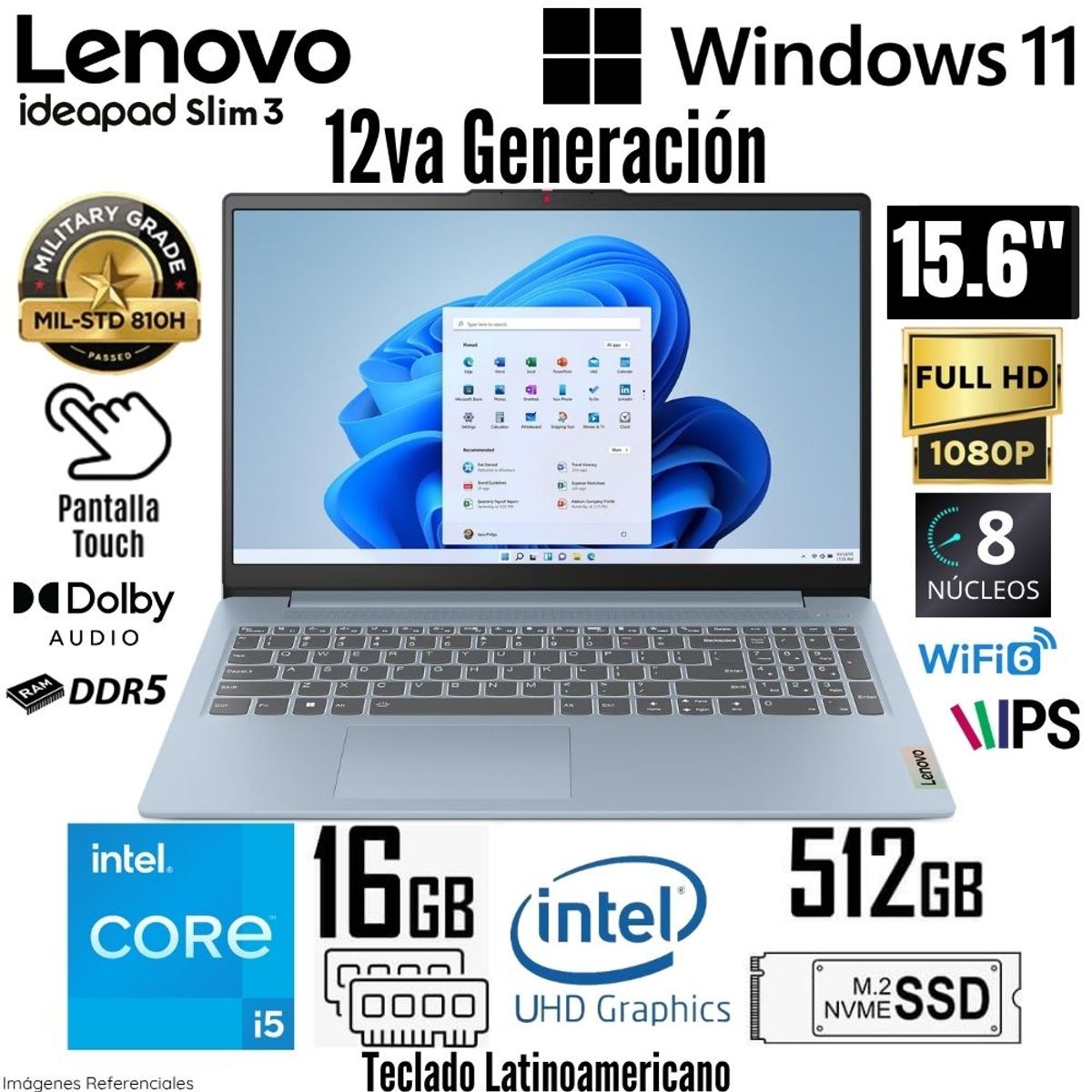 LENOVO - Laptop Lenovo IdeaPad Slim 3 15IAH8 Intel Core i5-12450H 16GB RAM 512GB SSD 15.6"  FHD Táctil