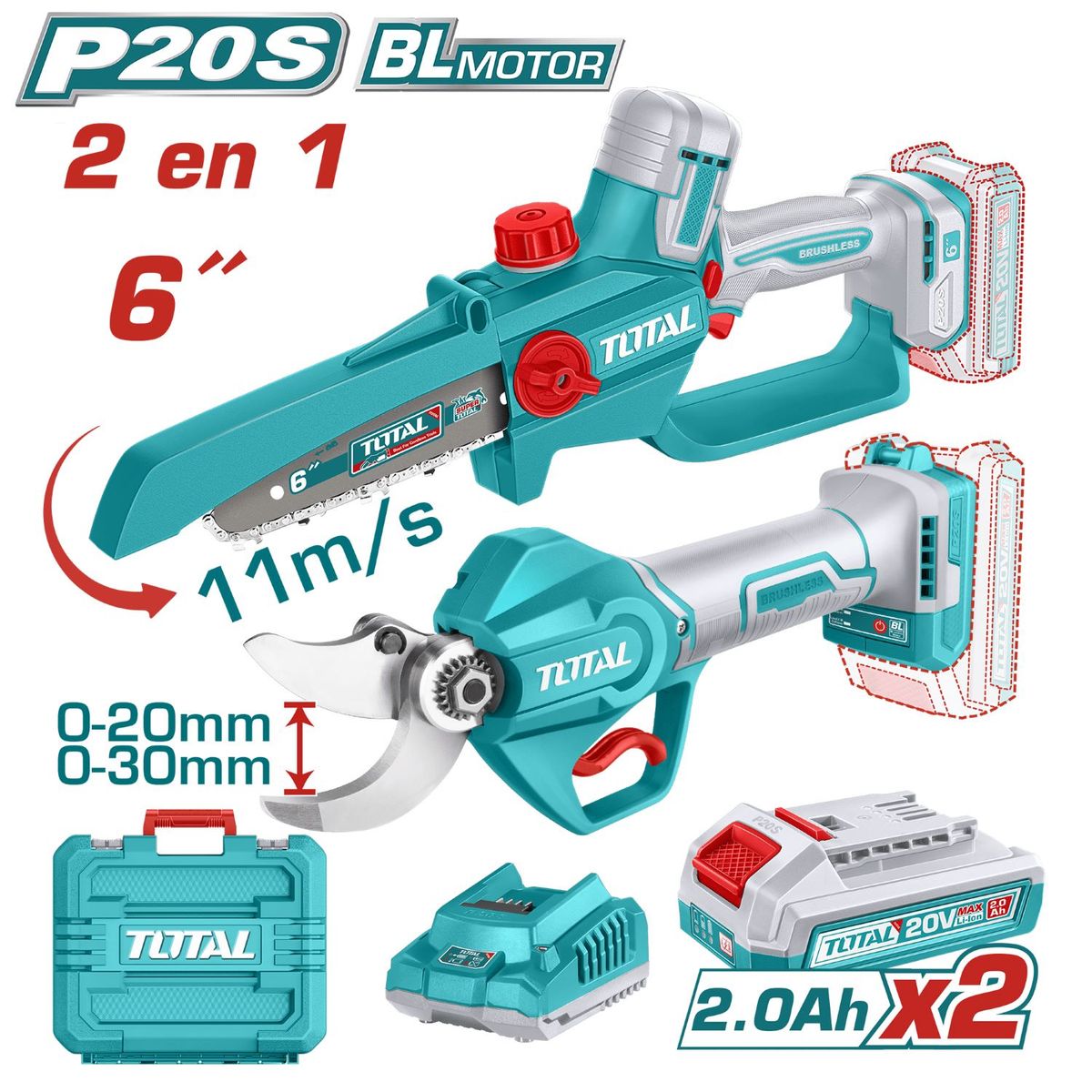 Total Tools - MOTOSIERRA DE PODAR + TIJERA ELÉCTRICA 20V CON 2 BATERÍAS 2AH-TOSLI250795