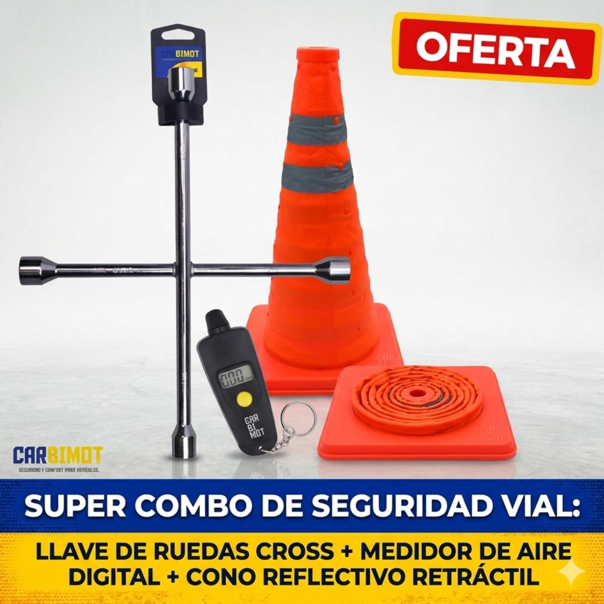 UNIVERSAL - LLAVE DE RUEDAS CONO RETRÁCTIL CON MEDIDOR DIGITAL COMBO