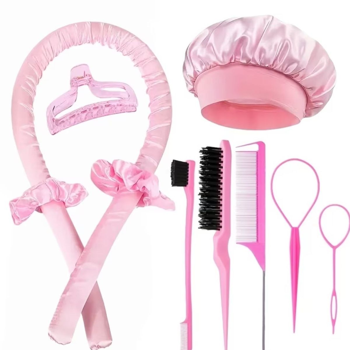 GENERICO - KIT SATIN ROSADO COMPLETO ONDAS PREMIUM  - GORRO, RIZADOR SATIN, SCRUNCHIES Y PEINES PROFESIONALES