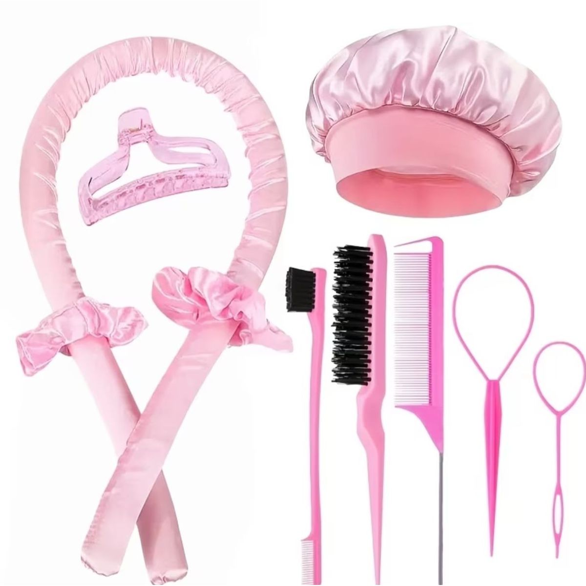 GENERICO - KIT SATIN ROSADO COMPLETO ONDAS PREMIUM  - GORRO, RIZADOR SATIN, SCRUNCHIES Y PEINES PROFESIONALES