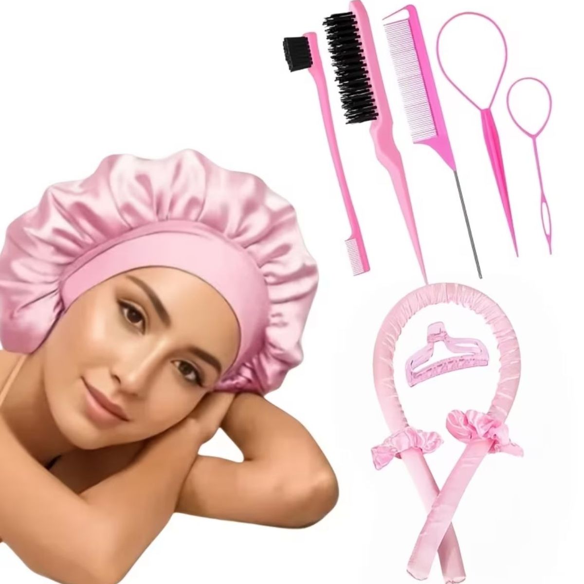 GENERICO - KIT SATIN ROSADO COMPLETO ONDAS PREMIUM  - GORRO, RIZADOR SATIN, SCRUNCHIES Y PEINES PROFESIONALES