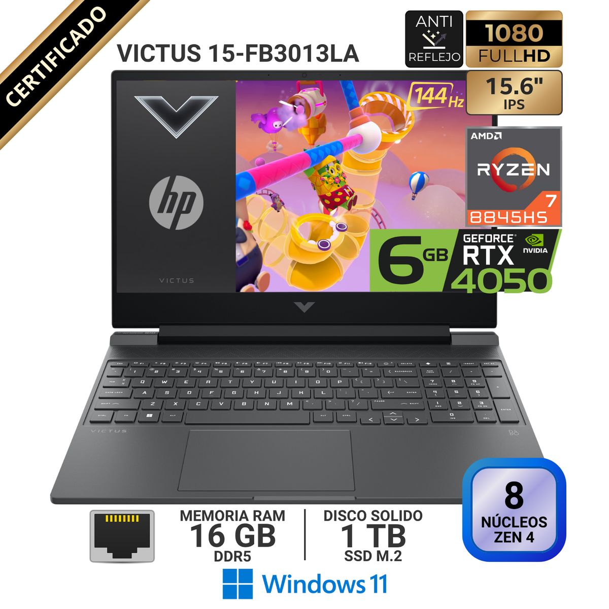 HP - Laptop HP Victus Gaming 15 FB3013LA 15.6” FHD, Ryzen 7 8845HS, RAM 16GB, SSD 1 TB, RTX 4050, Win 11