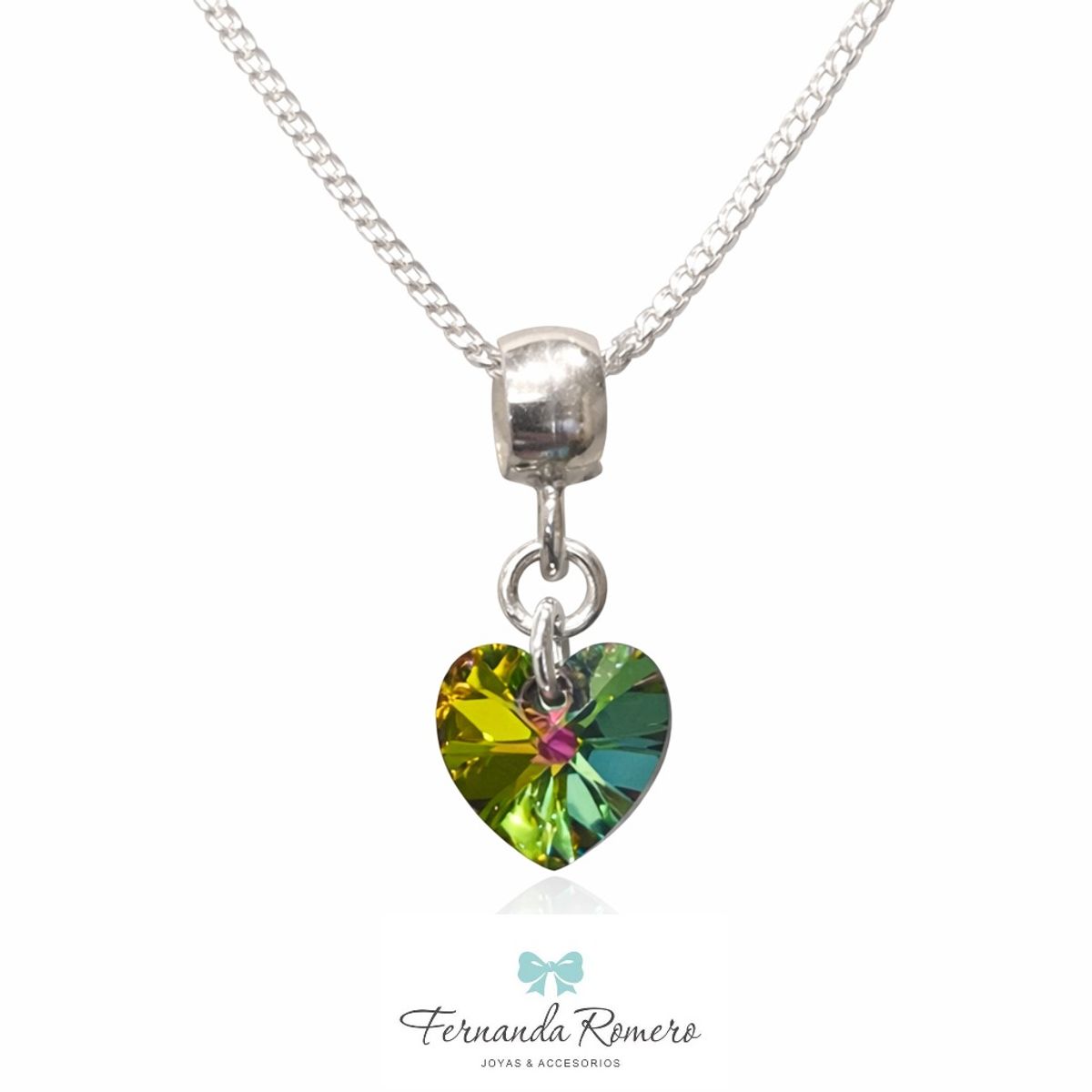 FERNANDA ROMERO JOYAS Y ACCESORIOS - Delicado Collar VerdeTornasol Brillante Multicolor - Cristal Austriaco y Plata nacional