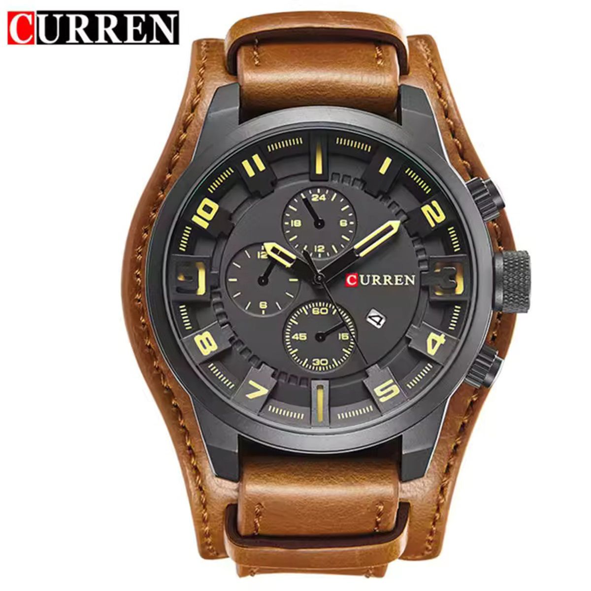 CURREN - Curren 8225 marca de lujo Hombre Elegante Cuero Cafe Cuarzo Cronógrafo Moda casual relojes