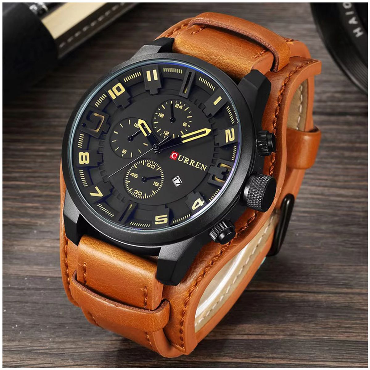 CURREN - Curren 8225 marca de lujo Hombre Elegante Cuero Cafe Cuarzo Cronógrafo Moda casual relojes