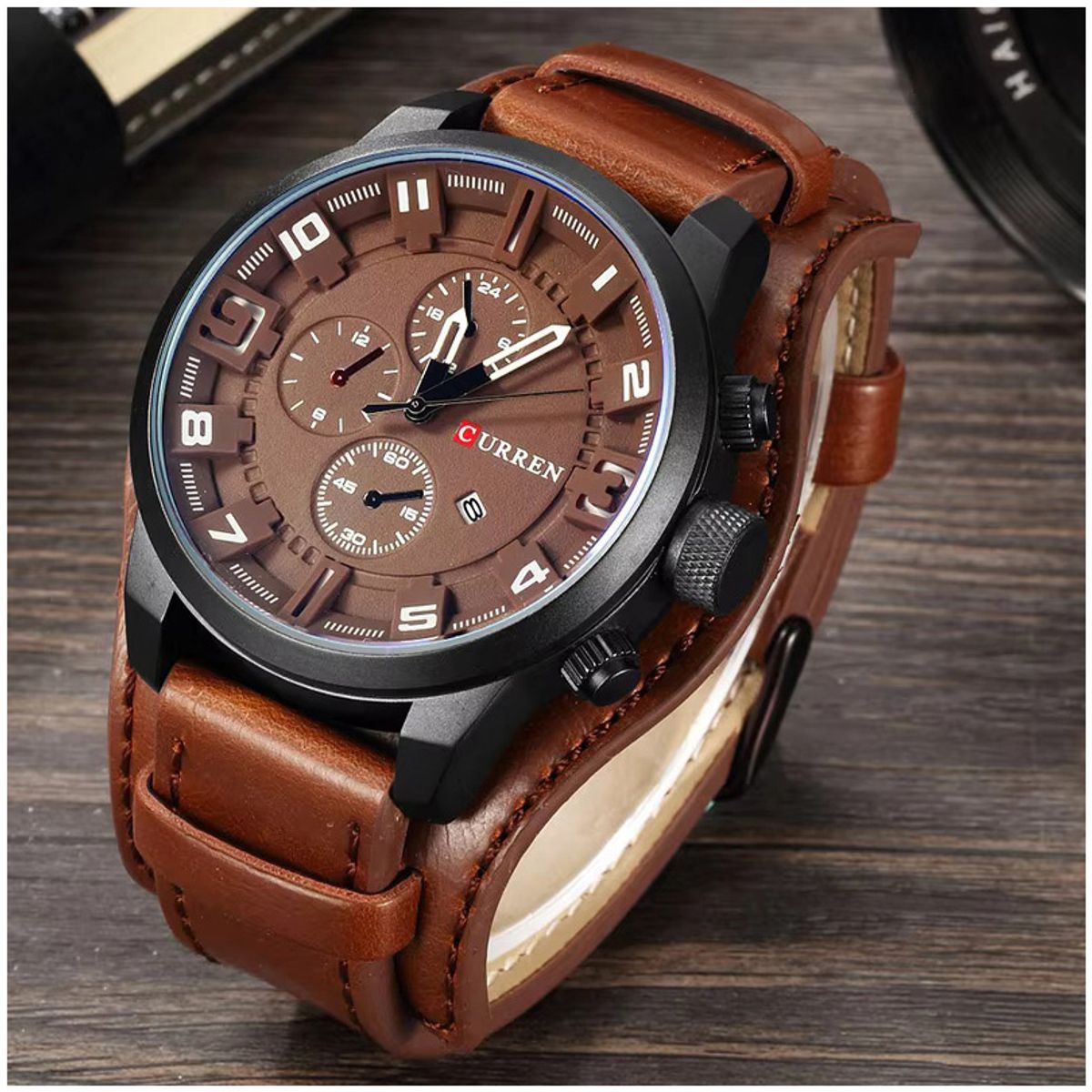 CURREN - Curren 8225 marca de lujo Hombre Elegante Cuero Cafe Cuarzo Cronógrafo Moda casual relojes