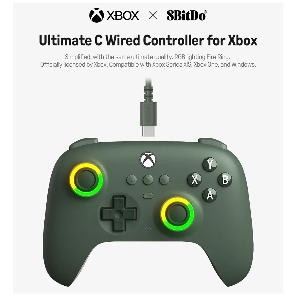 8BITDO - Controlador con cable 8bitdo para Xbox Series S X One Windows RGB Fire Ring Hall Effect Joysticks