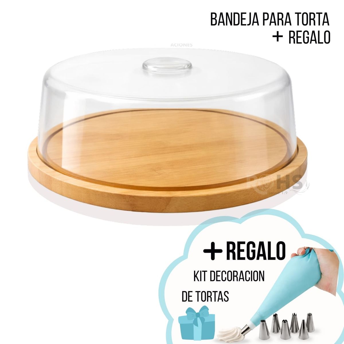 OEM - Bandeja Para Torta Con Tapa De Acrílico Y Base De Bambú + Kit De Decoración De Regalo
