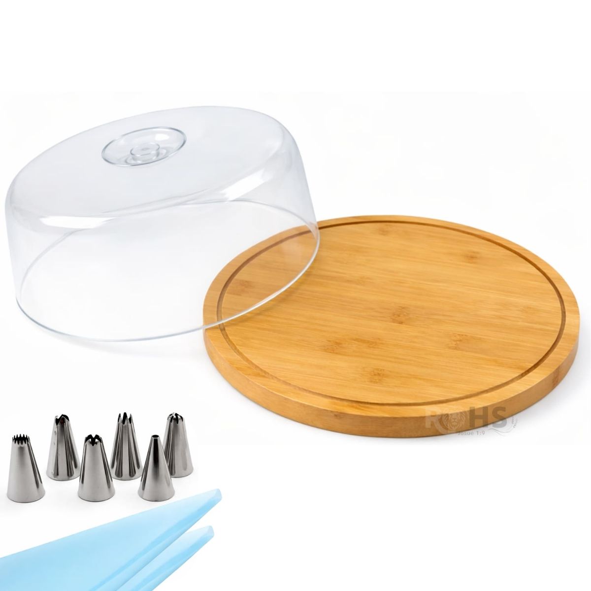 OEM - Bandeja Para Torta Con Tapa De Acrílico Y Base De Bambú + Kit De Decoración De Regalo