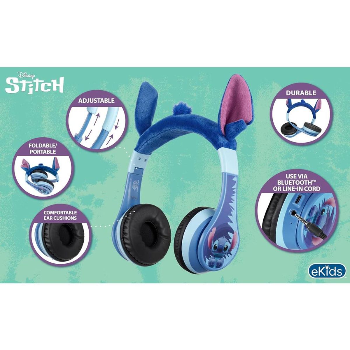 GENERAL - AUDÍFONOS EKIDS STITCH BLUETOOTH CON MICRÓFONO Y CABLE AUXILIAR