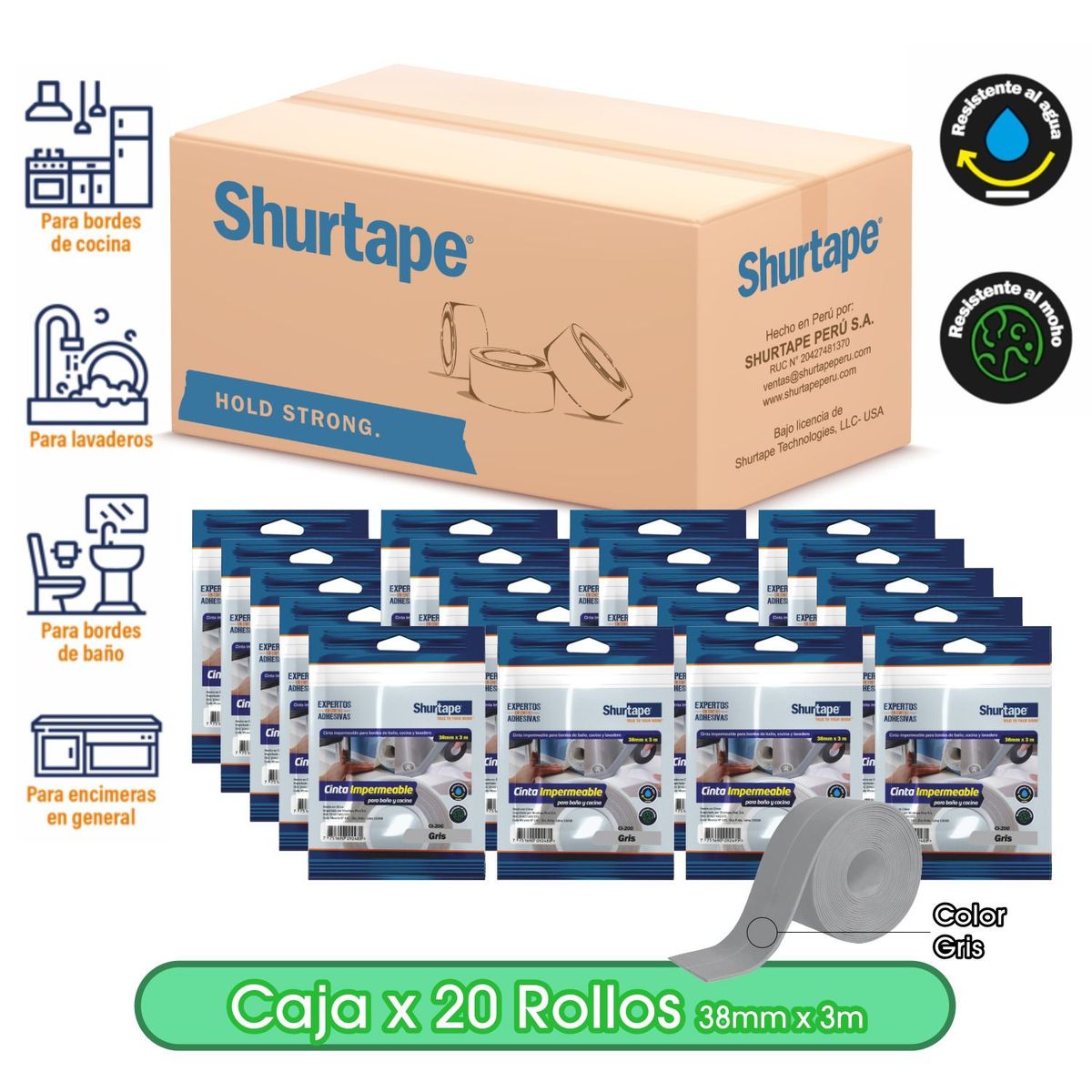 SHURTAPE - Cinta Impermeable Gris para baño y cocina 38mm x 3m - Caja x 20