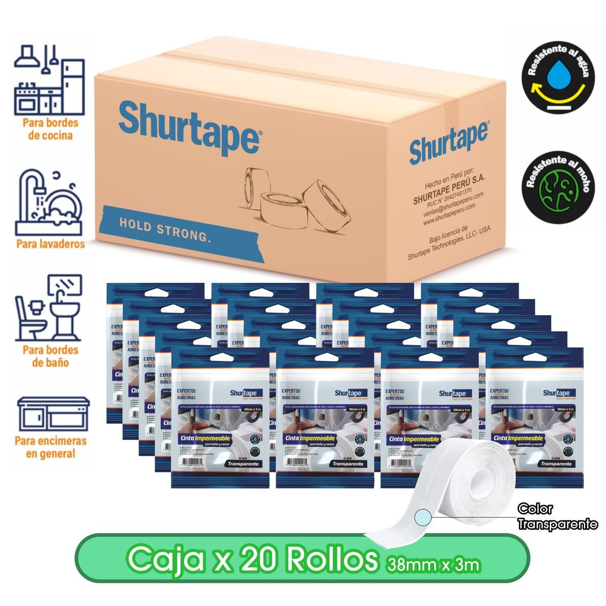 SHURTAPE - Cinta Impermeable Transparente para baño y cocina 38mm x 3m - Caja x 20