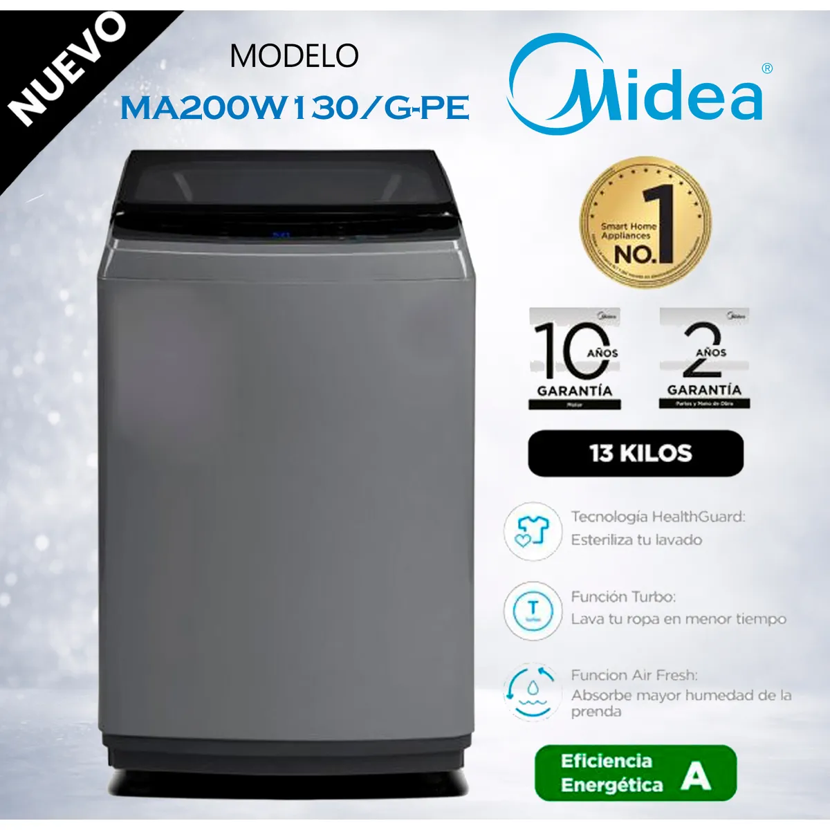 MIDEA - MA200W130G-PE - Lavadora Automática Carga Superior 13Kg Gris Midea