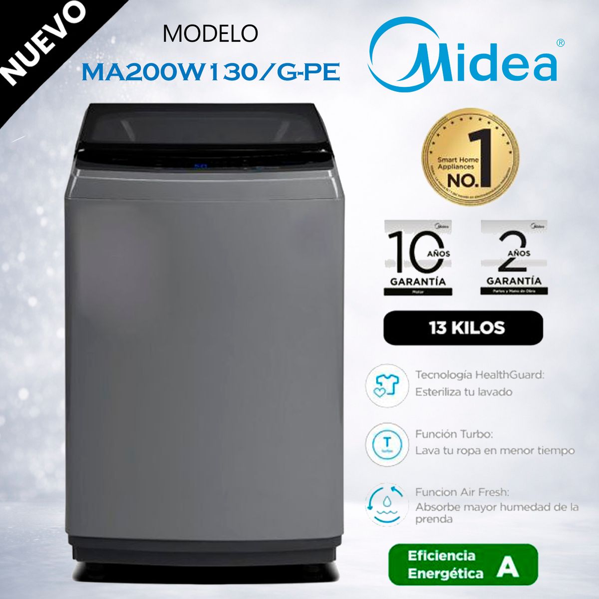 MIDEA - MA200W130G-PE - Lavadora Automática Carga Superior 13Kg Gris Midea