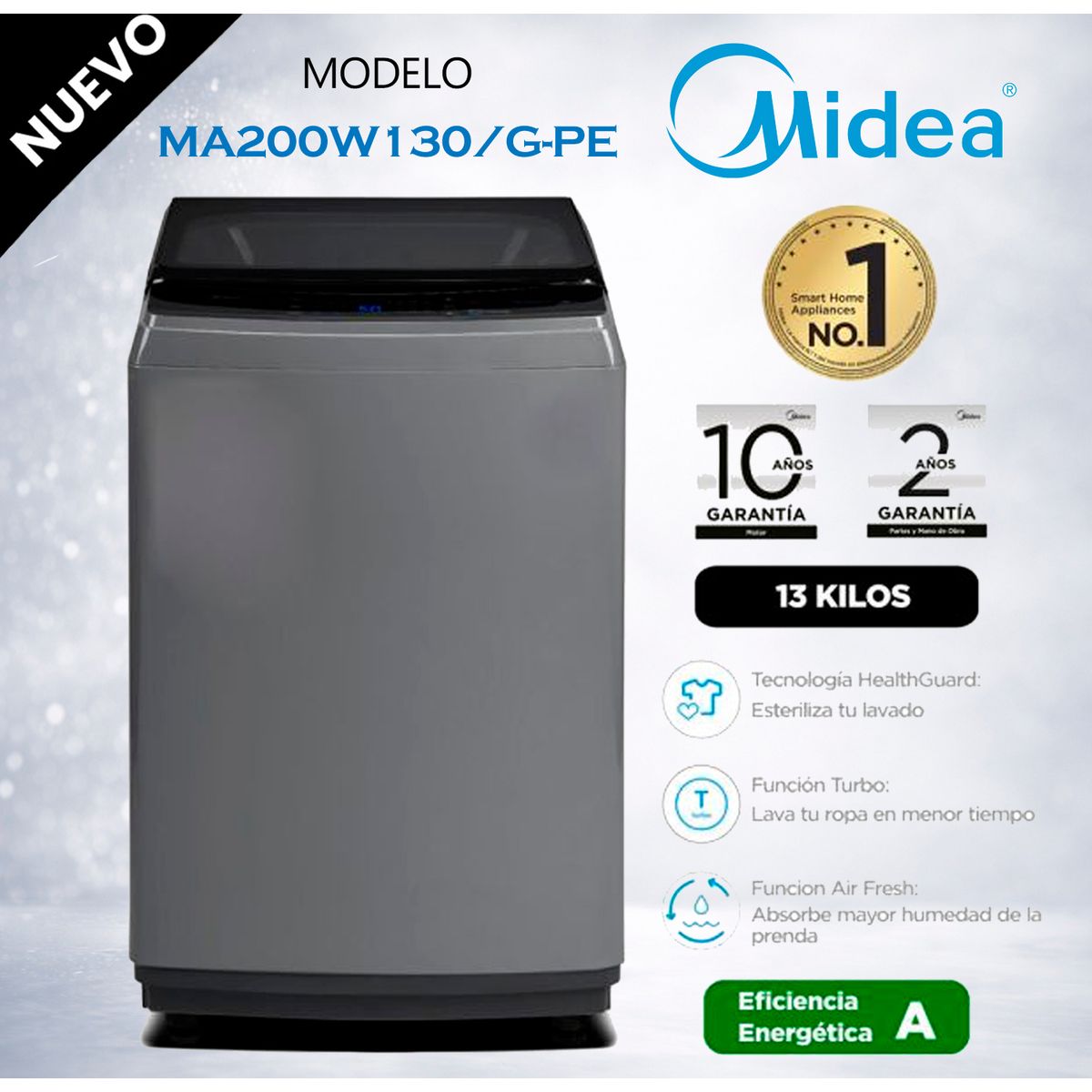 MIDEA - MA200W130G-PE - Lavadora Automática Carga Superior 13Kg Gris Midea