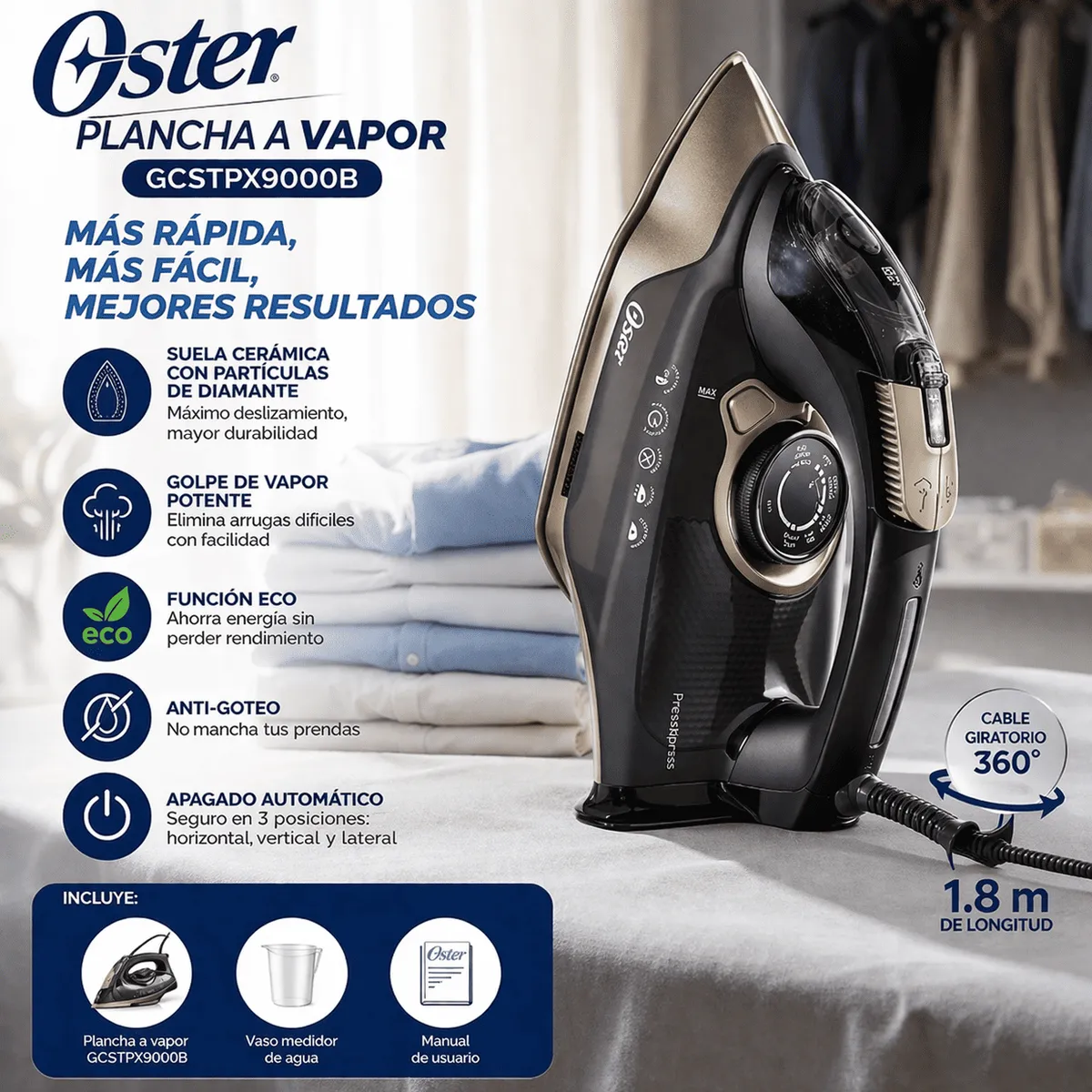 OSTER - Plancha a Vapor Oster GCSTPX9000B  Suela Cerámica con Partículas de Diamante Antiadherente