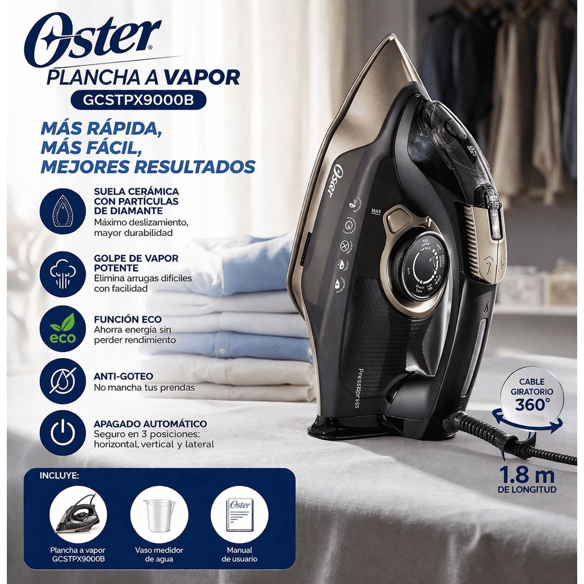 OSTER - Plancha a Vapor Oster GCSTPX9000B  Suela Cerámica con Partículas de Diamante Antiadherente